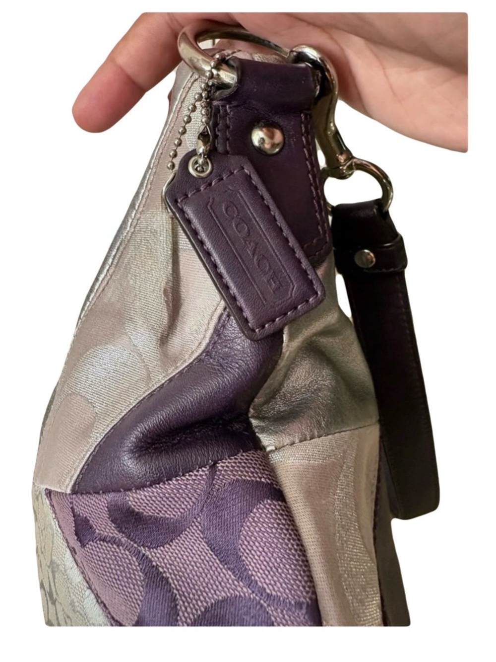 ๐ด Coach Vtg F17706 Gallery Signature Patchwork Purple Leather Suede Shoulder Bag - Picture 8 of 17